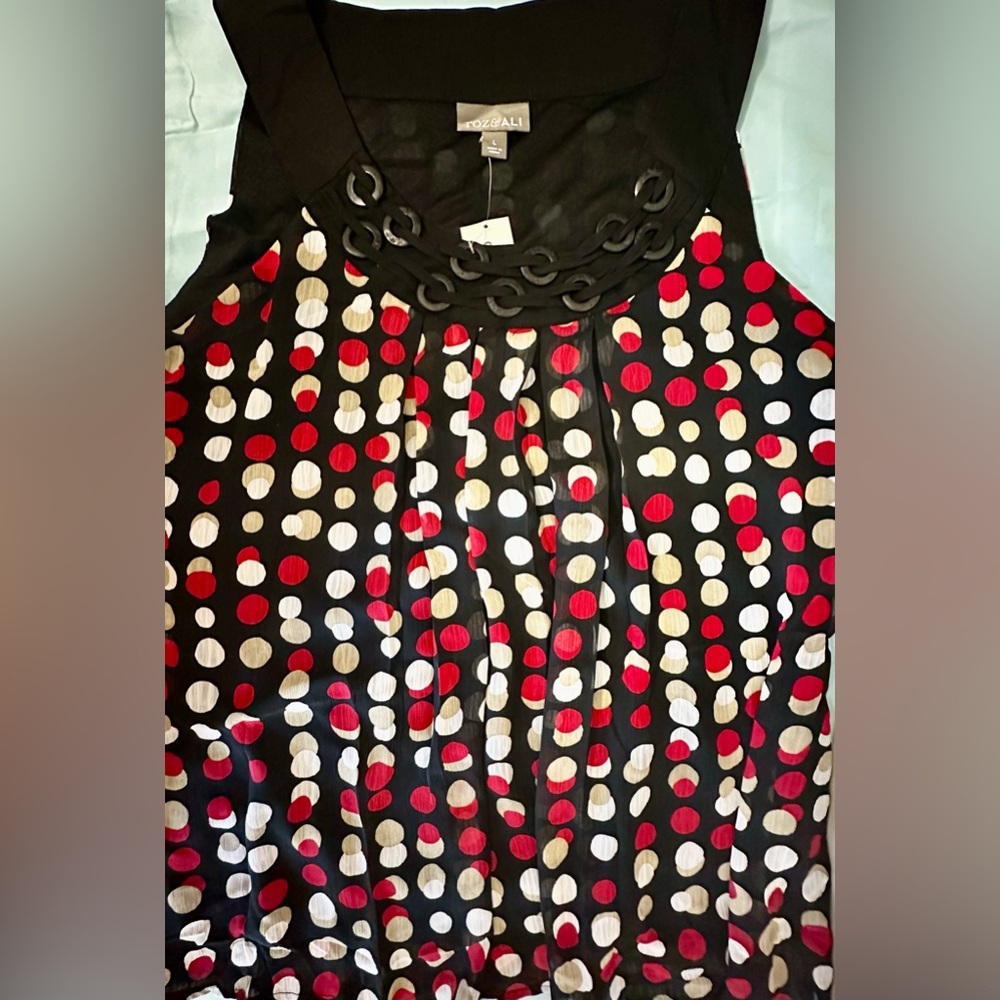 NWT dressbarn Black Polka Dot Sleeveless Top with Red and White Dots